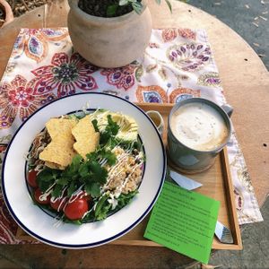 La fiesta salad (I love that each order comes with a card with ingredients and explanations on how to enjoy your food)! Shown here is also a vanilla latte  at ByTOFU in Seoul