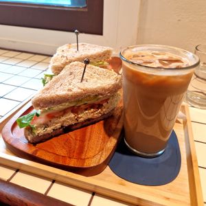 Eggless sandwich and ice latte😍 at ByTOFU in Seoul