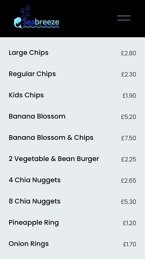 Vegan menu  at Sea Breeze in Redcar