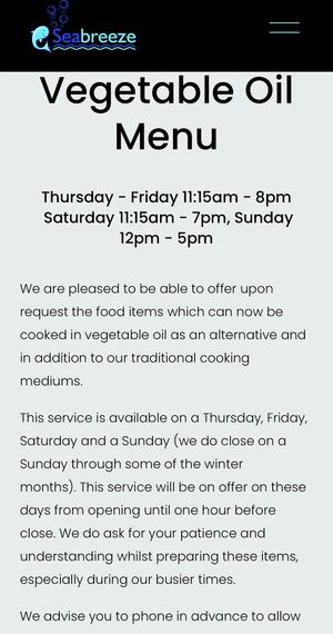 Vegan opening times  at Sea Breeze in Redcar
