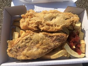 Banana blossom and chips with ketchup  at Sea Breeze in Redcar