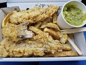 Banana blossom, chips and mushy peas at Sea Breeze in Redcar