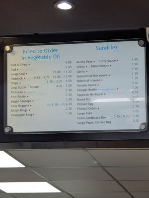 The current menu for the vegetable oil fryer at Sea Breeze in Redcar
