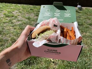 Chick'n Burger (lettuce, mayo + crispy + chick'n patty), sweet potatoes fries & cola  at Neat - Soho in London