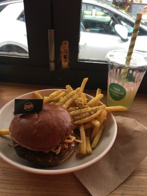 Vege crunch burger, skin on fries and matcha and mint lemonade.   at Neat - Soho in London