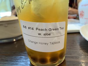 Peach tea with “honey” tapioca. They assured me that the honey is vegan and not from bees.  at Vegan Deadly Sins in Sacramento