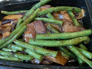 String beans and eggplant with black bean sauce at Vegan Deadly Sins in Sacramento