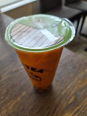 Vegan Thai tea with soy milk and boba at Vegan Deadly Sins in Sacramento