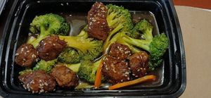 Pork and broccoli at Vegan Deadly Sins in Sacramento