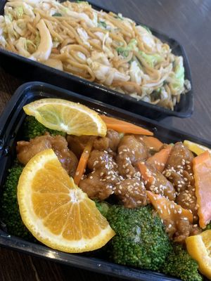 Orange “chicken” & veggie chow mein 🥦  at Vegan Deadly Sins in Sacramento