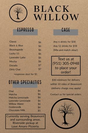 Menu at Black Willow Cafe in Beaumont