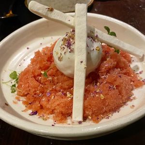 Coconut ice cream and rose granita with merengue  at INDU Dining in Sydney