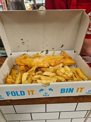 Banana blossom - vegan fish and chips. at Lucy's Chips in Norwich