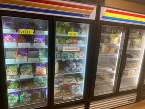 Frozen fruit, veggies, bagels, buns, & bread. Vegan frozen section to the right w/ just egg, beyond burger & sausage, field roast, Amy’s, Gardein, no evil & more at George Street Co-op & Cafe in New Brunswick