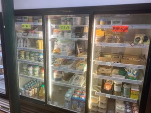 Vegan milk, cheese, & mayo. Vegetarian sections labeled  at George Street Co-op & Cafe in New Brunswick