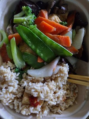 OMG so f'n good. The Buddha Delight w Little bits of the delicious hot sauce. at Cozy Wok in Oakland