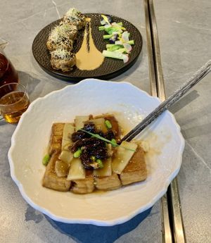 Lotus patties, tofu & mushrooms  at Emerald 珺 in Hong Kong Island
