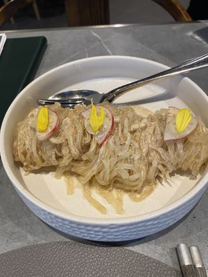 Glass noodles w vegan shark fin..  kind of taken aback by this, but I see the value in offering it.  So I had to try it, and honestly it was just a creamy noodle dish to me..  at Emerald 珺 in Hong Kong Island