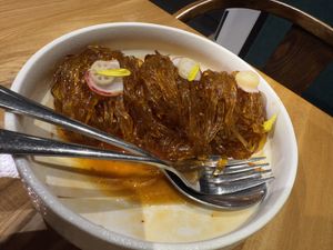 Stirred glass noodle & vegan shark fin with Sichuan spicy sauce  at Emerald 珺 in Hong Kong Island