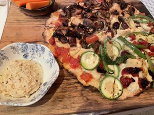 Half mushroom half eat your veggie pizza, gluten-free   at Layla Restaurant Plants & Mushrooms in Puerto Morelos