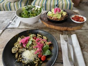 Tofu with veggies, too oily for us  at Layla Restaurant Plants & Mushrooms in Puerto Morelos