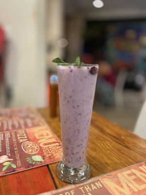 Horchata w hint of blackberry  at Layla Restaurant Plants & Mushrooms in Puerto Morelos