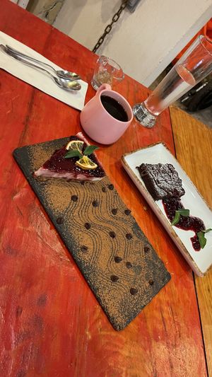 Vegan cheesecake and brownie.   at Layla Restaurant Plants & Mushrooms in Puerto Morelos