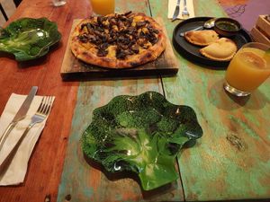 Funky broccoli plates! at Layla Restaurant Plants & Mushrooms in Puerto Morelos
