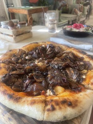 fungus amungus with almond cheese  at Layla Restaurant Plants & Mushrooms in Puerto Morelos