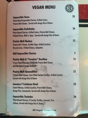 Vegan menu  at The 3 Amigos  in Edmonton