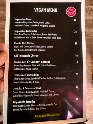 Vegan menu  at The 3 Amigos  in Edmonton
