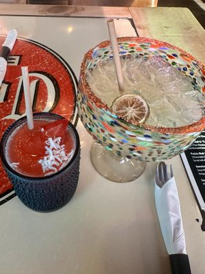 Spicy Margarita, and their feature blended strawberry margarita  at The 3 Amigos  in Edmonton