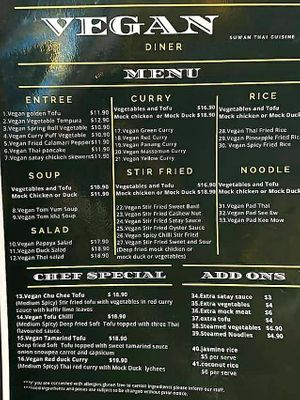 Vegan menu at Suwan Thai Cuisine in Hampton