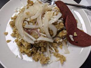 Mangu with vegan salami and cheese. at Tropical Cuisine Restaurant in Collegedale