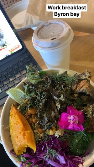 The nourish bow! Amazing big and filling. Cocoa hot soy  at Vagabond in Byron Bay