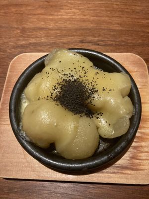 Aged Niseko potato with mushroom powder   at Kitchen in Kutchan