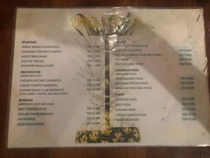 Drinks menu at Summer Beach in Zanzibar