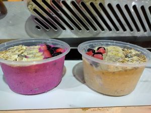 Smoothie bowls - small and in single-use plastic containers at The Raw Kitchen Malaysia in Kuching