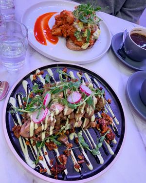 Top: vegan pulled pork (jackfruit). Bottom: magic mushrooms. Both delicious!  at Grams in Edinburgh