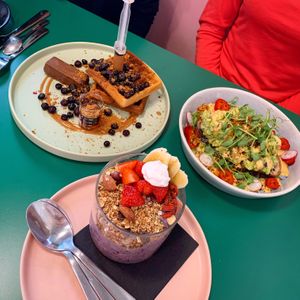 Biscoff it down waffles (only available at plant bae, other waffle options available at grams). Say cheese avocado toast. Superfood smoothie bowl. Delicious!   at Grams in Edinburgh