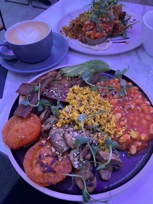 Plant based breakfast and oat milk latte.  at Grams in Edinburgh
