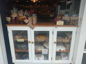 Cabinet food incl vegan raspberry buns and sometimes a vegan cashew chocolate slice at Raglan Artisan Bread in Raglan