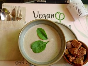 (vegan) cream of mushroom soup at Organic Life in Chisinau