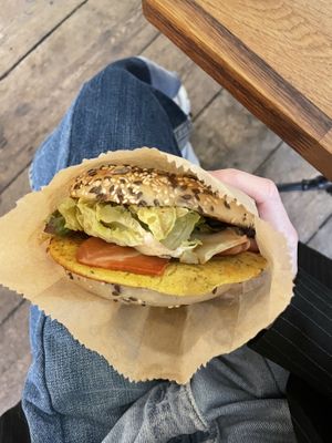 Bagel with ‘omelette’ and ‘bacon’. YUMMY!  at Radikalecker in Berlin