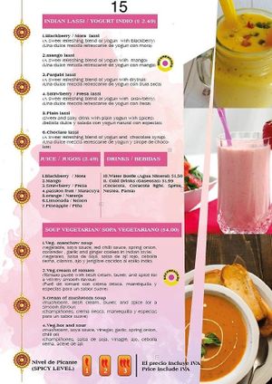 Juice and soup options at Indian Tadka in Quito