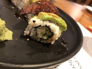 Dragon roll (crab meat, cucumber inside, vegan eel and avocado on top with teriyaki sayce)   at Veggie Heaven in Teaneck