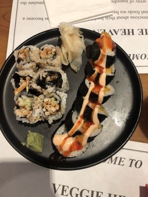 Chicken teriyaki roll 
And Thai mango sushi roll with fresh mint leaves   at Veggie Heaven in Teaneck