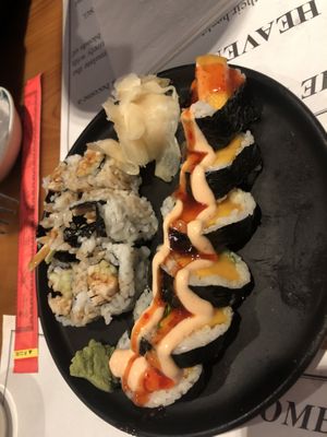 Chicken teriyaki roll 
And Thai mango sushi roll with fresh mint leaves   at Veggie Heaven in Teaneck