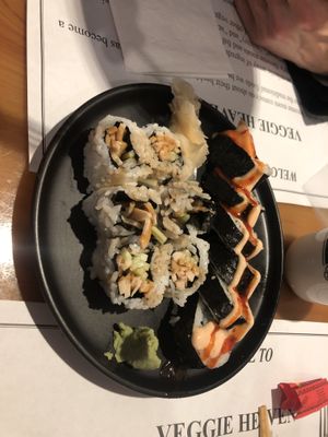 Chicken teriyaki roll 
And Thai mango sushi roll with fresh mint leaves   at Veggie Heaven in Teaneck