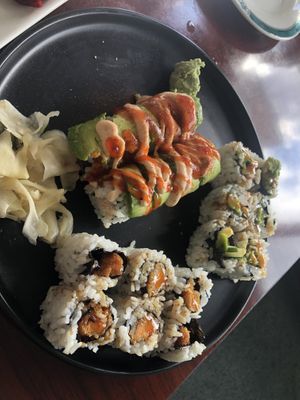 Sweet potato roll , and California roll , Dragon roll (crab meat cucumber inside, vegan eel and avocado on top with teriyaki sauce) spicy   at Veggie Heaven in Teaneck